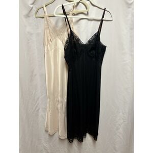 Lot 2 Vintage Lacy‎ Slips Black & Ivory Satin Lace Trim Lingerie Size M